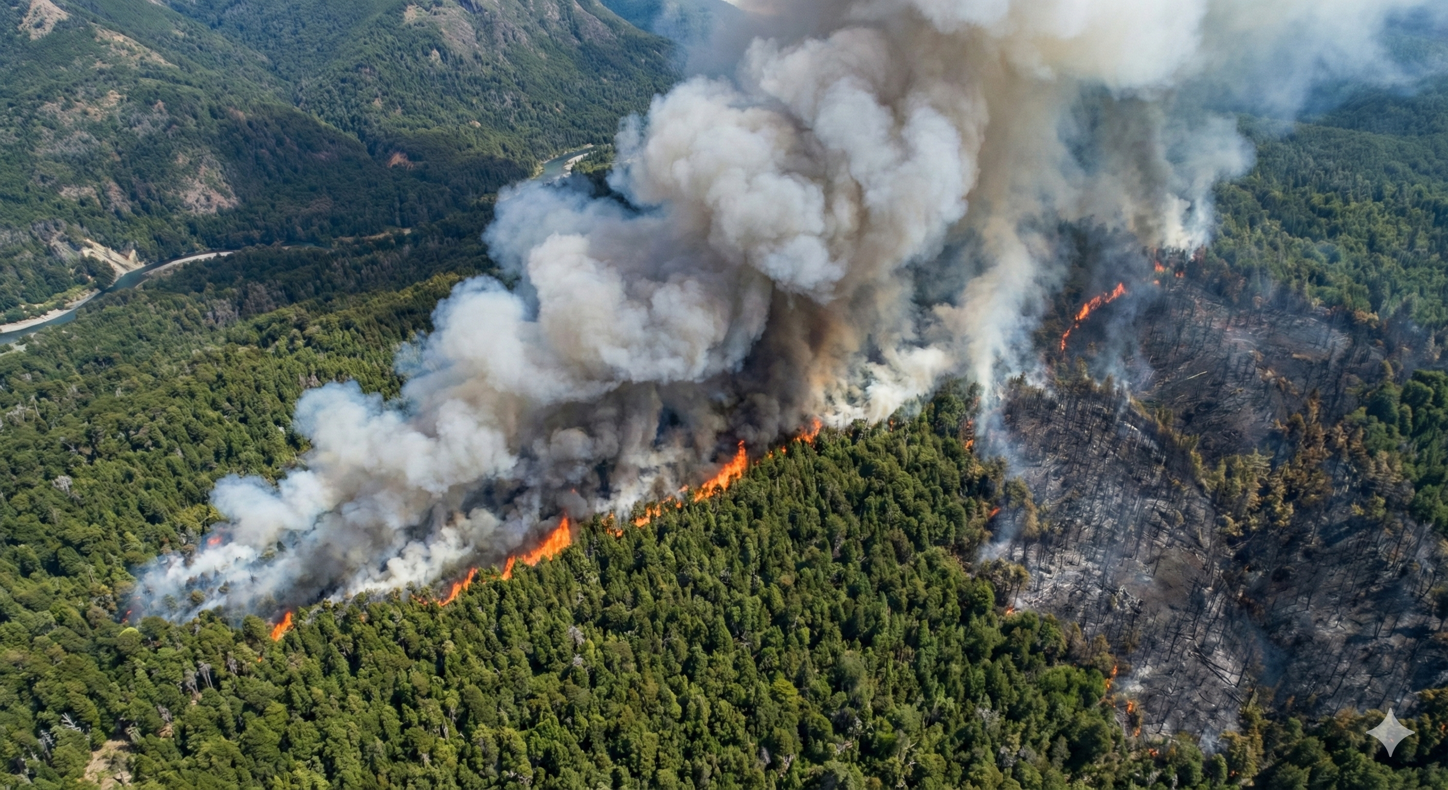 Vista aérea de incendio forestal